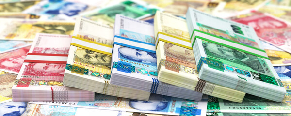 Stacks of Bulgarian lev banknotes on a background of scattered currency