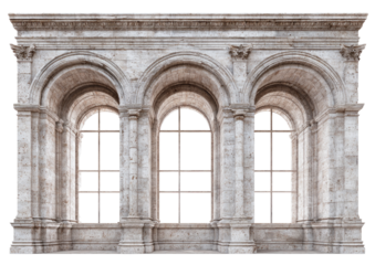 Light beige stone facade with three arched openings.  Windows with  multiple panes.  Classical architecture