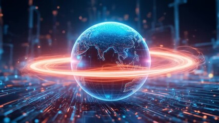 A digital globe rotates in cyberspace with neon light lines data stream, futuristic 3D global network communication technology in the modern digital era. 4k video - Powered by Adobe
