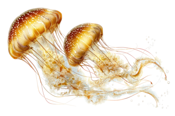 Two golden jellyfish, translucent and complex, with intricate, flowing tentacles