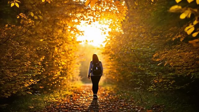 Lone person walking through a glowing autumn forest path.