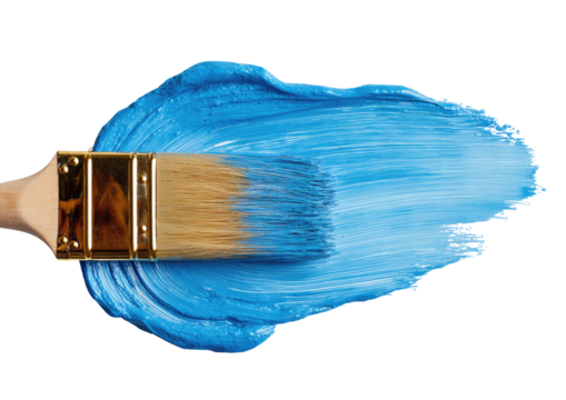 Close-up of a paintbrush dipped in vibrant blue paint, creating a swirly, flowing effect