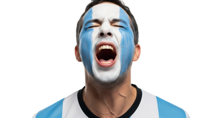 Passionate Soccer Fan Yelling with Face Paint Isolated on Black Background