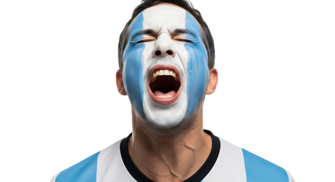 Passionate Soccer Fan Yelling with Face Paint Isolated on Black Background