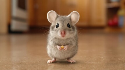 Adorable gray mouse with large ears and tiny paws standing on kitchen floor holding food, cute rodent in a cozy home environment, playful expression