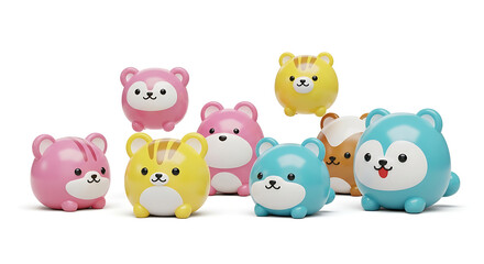 Obraz premium Collection of colorful, round, cartoon-style animal figures with smiling faces, including pink, yellow, blue, and brown variations, arranged on a white background.