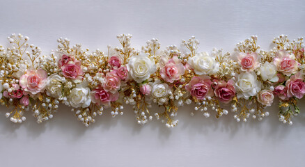 The white flower garland is made of small roses and pink flowers, with gold accents on the edges, placed against a pure white background.