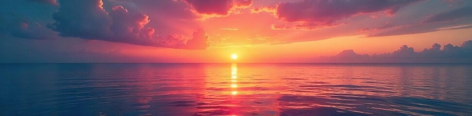Fototapeta premium Serene sunset over a calm ocean, vibrant colors reflecting on the water's surface Perfect for travel, nature, and relaxation themes , coast, scenery