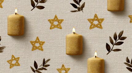 jewish tradition pattern, yom kippur-themed seamless pattern features repeating yahrzeit candles, stars of david, torah scroll handles, and olive branches