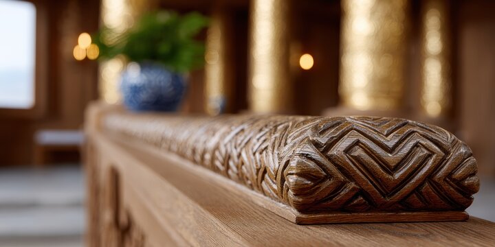 religious artifact, carved wood torah scroll handles etz chaim in focus, with blurred glowing sacred space in the background