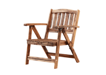 A wooden folding chair with slatted back and arms.  The chair's construction showcases visible wood grain and knots