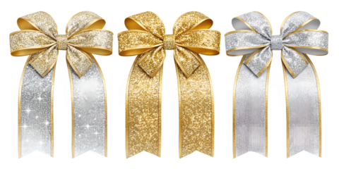 New Year’s Eve glitter ribbons PNG set – shiny gold and silver metallic sparkling bows, celebration theme, christmas , isolated transparent background