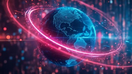 A digital globe rotates in cyberspace with neon light lines data stream, futuristic 3D global network communication technology in the modern digital era. 4k video - Powered by Adobe