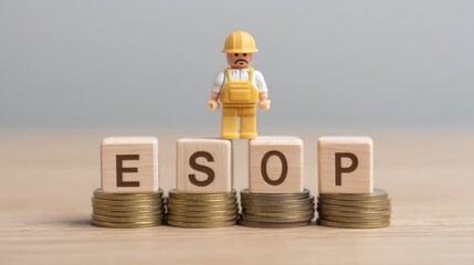 Miniature construction worker figure standing on stacks of coins next to wooden blocks spelling ESOP, representing employee stock ownership plans in finance.