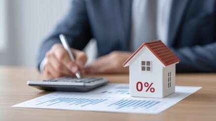 Close-Up of Businessman Calculating Financial Investment with Model House Displaying Zero Percent Interest Rate on Table Surrounded by Financial Documents