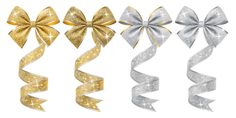 New Year’s Eve glitter ribbons PNG set – shiny gold and silver metallic sparkling bows, celebration theme, christmas , isolated transparent background