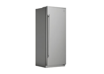 Modern, light gray upright freezer.  Sleek, vertical design with handle
