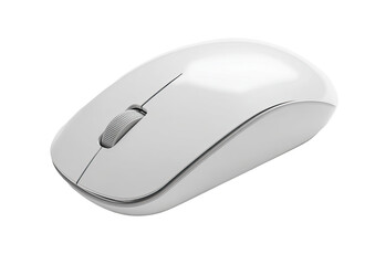 A glossy, white computer mouse.  A wireless, ergonomic design with a scroll wheel and two buttons