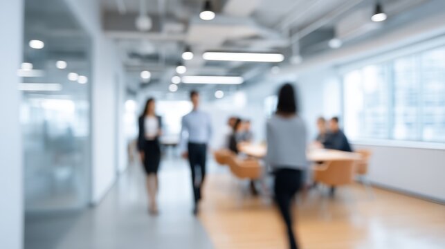 Business professionals walking in modern office space with blurred meeting room activity and bright natural light enhancing collaborative work environment