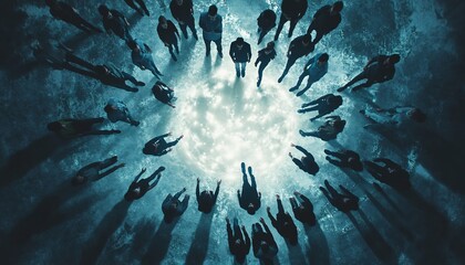 A group of people stand around a bright, glowing circle on a dark, textured surface, viewed from directly above.