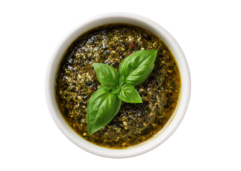High-angle view of pesto in a small white bowl. Fresh basil leaves are artfully placed atop the vibrant green sauce