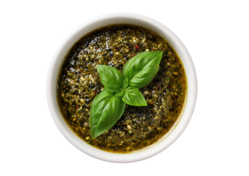 High-angle view of pesto in a small white bowl. Fresh basil leaves are artfully placed atop the vibrant green sauce