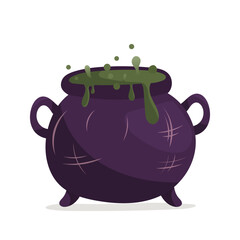 Vector illustration of a purple cauldron with bubbling green potion. Great for Halloween cards, posters, stickers, invitations and party decor, packaging and game assets