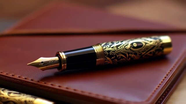 Close-up of a decorative fountain pen on a leather notebook