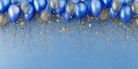 Wallpaper with blue balloons, party decorations, and glitter on the edges.