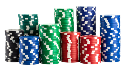 Stacks of vibrant poker chips in multiple colors, ready for high-stakes casino games and gambling