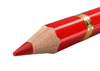 Close-up of a vibrant red pencil, showcasing a pointed tip and a smooth, glossy body with gold accents