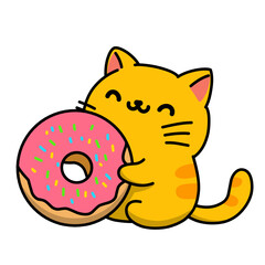 Illustration of a cute cat hugging a doughnut cake, use it for stickers or icons and some needs for editing or colouring books. 