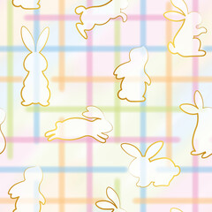 Easter seamless pattern with golden rabbits pastel color abstract strips check pattern background. Vector illustration, creative, gift, textile,  packing, paper, wrapping, cute, silhouette, bunny