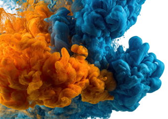 Vibrant orange and blue ink swirling in water