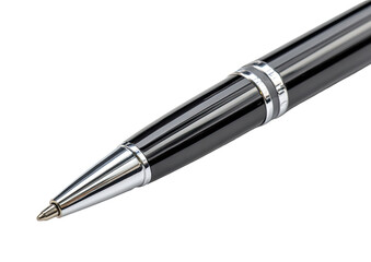 Close-up of a black ballpoint pen, tip forward, showing sleek, metallic accents