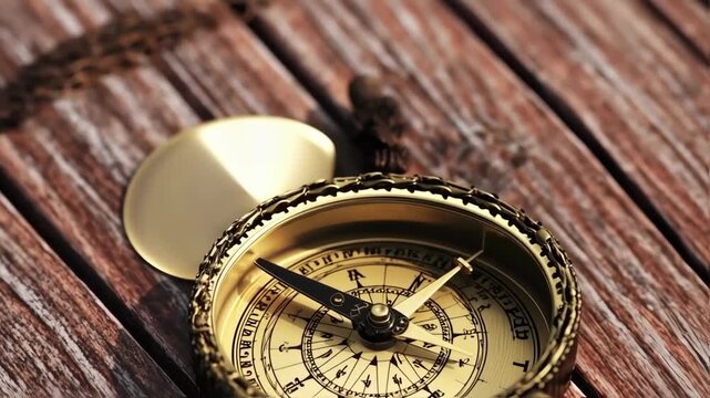 Antique compass on wooden surface