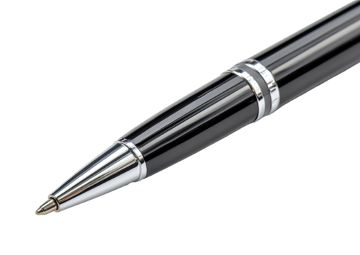 Close-up of a black ballpoint pen, tip forward, showing sleek, metallic accents