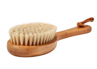 Oval body brush with light beige bristles and a light brown wooden handle.  A looped brown cord attaches to the handle