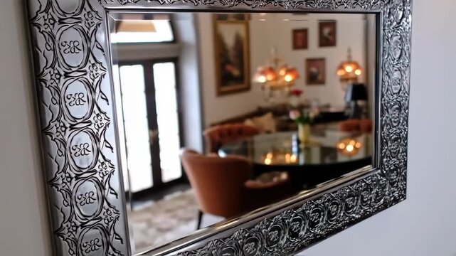 Ornate Silver Mirror Reflecting an Interior Scene