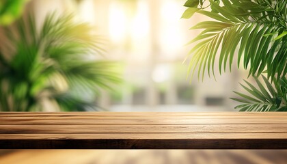 A horizontal wooden table is displayed in front of a blurred background featuring lush green tropical plants and soft sunlight.