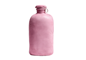 A pale pink leather water bottle.  A simple,  smooth-surfaced,  portable container