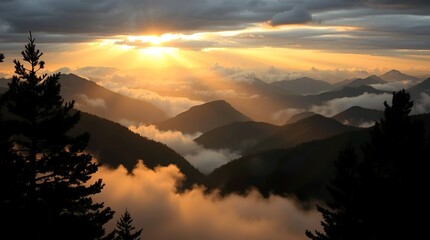 Fototapeta premium sunrise over misty mountain peaks