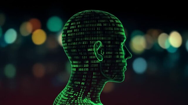 Digital Human Head Profile with Binary Code Displayed in Green on a Dark Background. 4k video