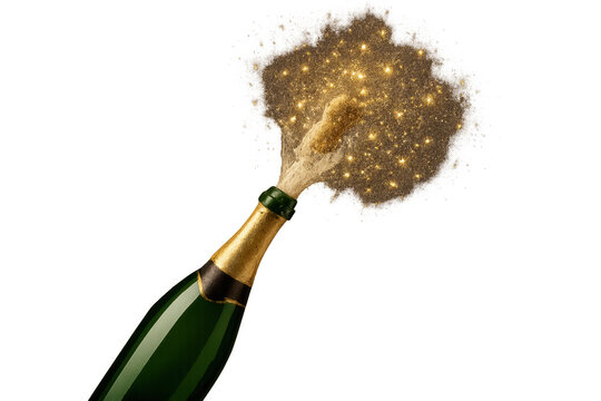 Champagne bottle exploding with golden glitter on transparent background