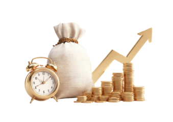 Golden money bag, coins, and clock.  A growing stack of gold coins, with a gold money bag and a gold alarm clock positioned beside it. A gold upward trend arrow tops the coins