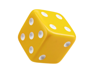 Yellow dice with white dots isolated on black, perfect for games, gambling, chance, and luck concepts