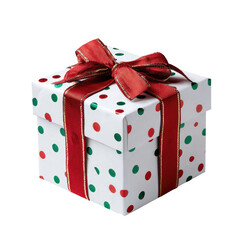 A square gift box, white with red and green polka dots, tied with a red ribbon and gold trim
