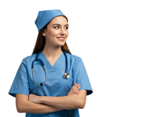 Smiling Nurse Woman in Blue Scrubs with Stethoscope Isolated on Transparent Background Horizontal