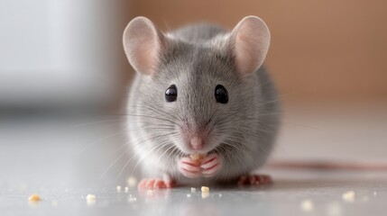 Adorable Small Gray Mouse Eating a Crumb on a Smooth Surface, Close-Up Shot with Soft Focus Background and Cute Features