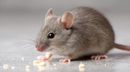 Close-Up of a Gray Mouse on a Gray Background Showing Its Fine Fur and Delicate Features While Looking for Food Scraps